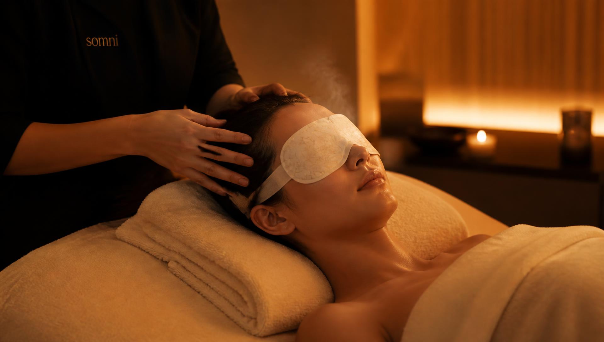 Guest relaxing with a warm steam eye mask during a scalp treatment