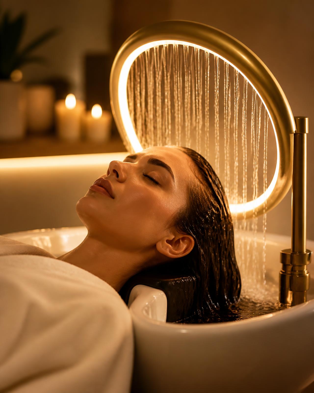 Halo water ring rinsing a guest's hair during a Head Spa treatment