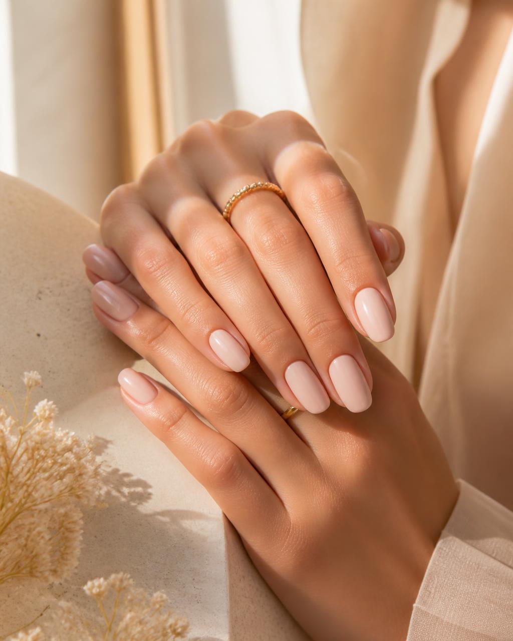 Elegant hands with a neutral nude manicure in warm natural light