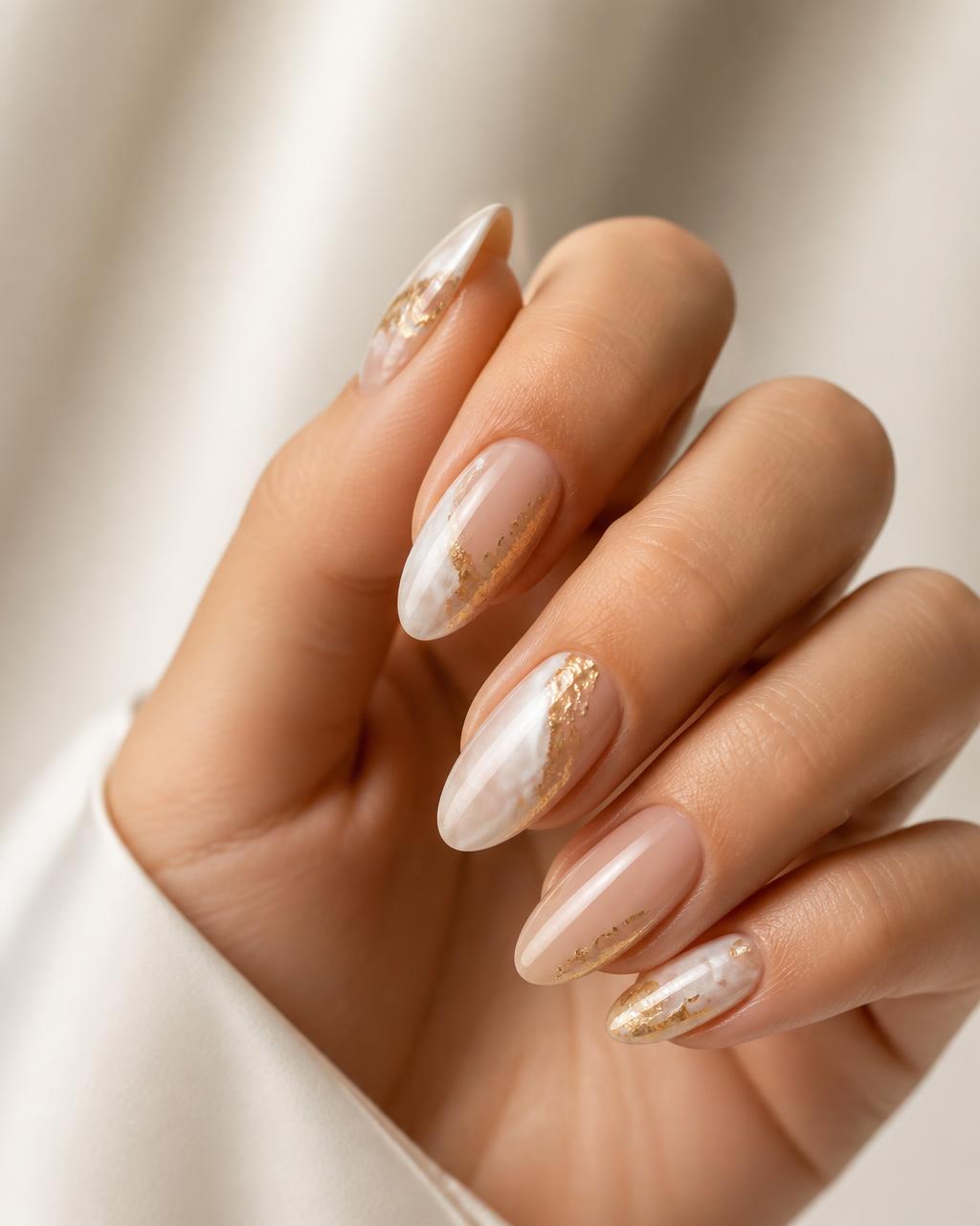 Sophisticated nail art with subtle gold foil accents on almond-shaped nails