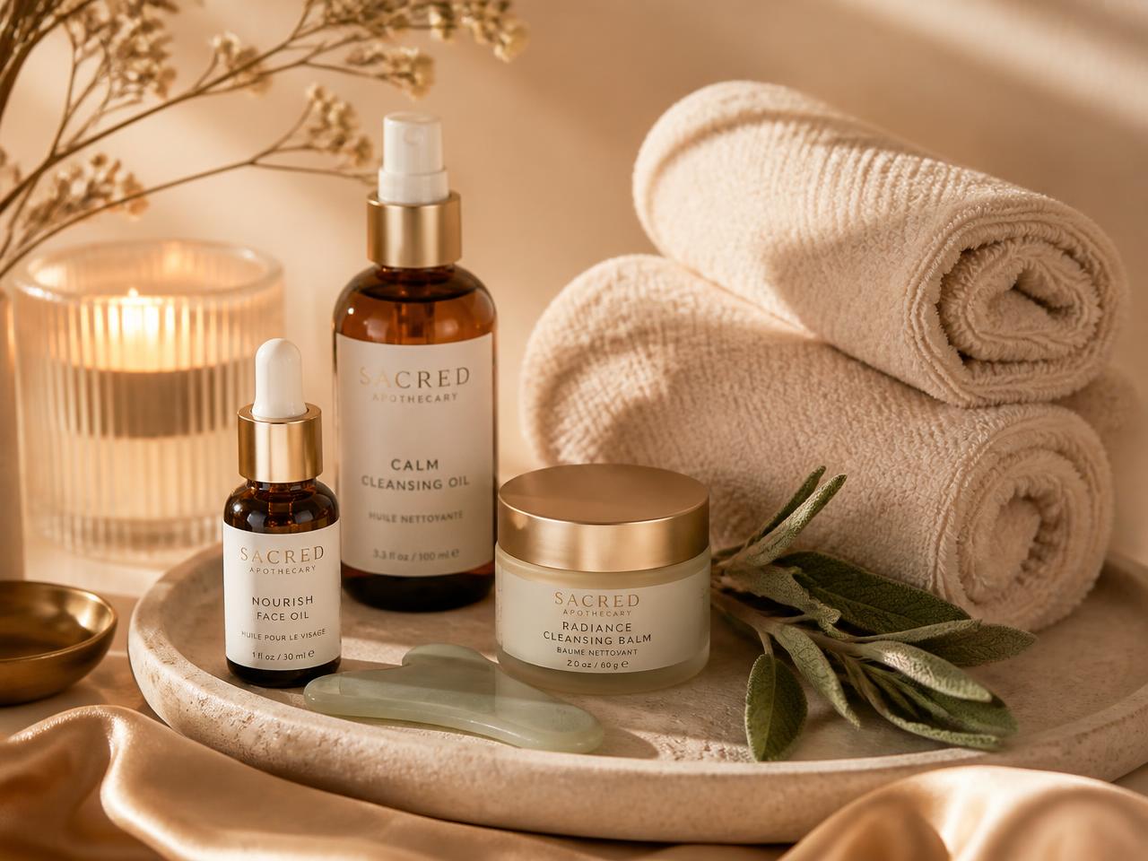Spa treatment products, a Gua Sha stone and warm rolled towels on a tray