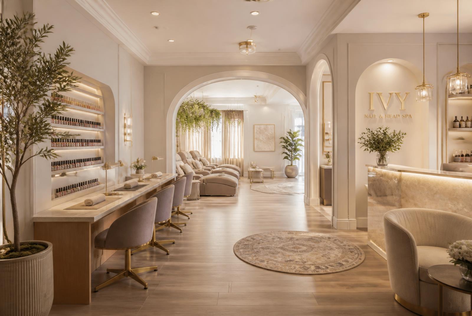 Interior of the Bellagio nail lounge with ivory walls and gold accents